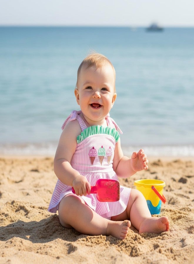 Douhoow Baby Girl Swimsuits Ice Cream Embroidery Stripes Baby Girl Bathing Suit Trim Tie Infant Girl Swimwear (Pink, 6-12 Months) - Image 5