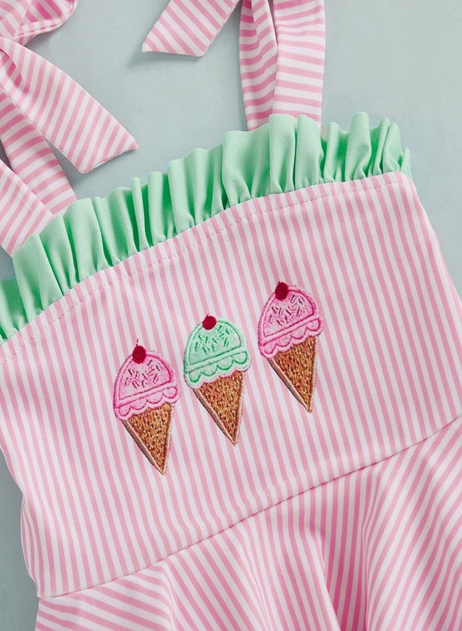 Douhoow Baby Girl Swimsuits Ice Cream Embroidery Stripes Baby Girl Bathing Suit Trim Tie Infant Girl Swimwear (Pink, 6-12 Months) - Image 4