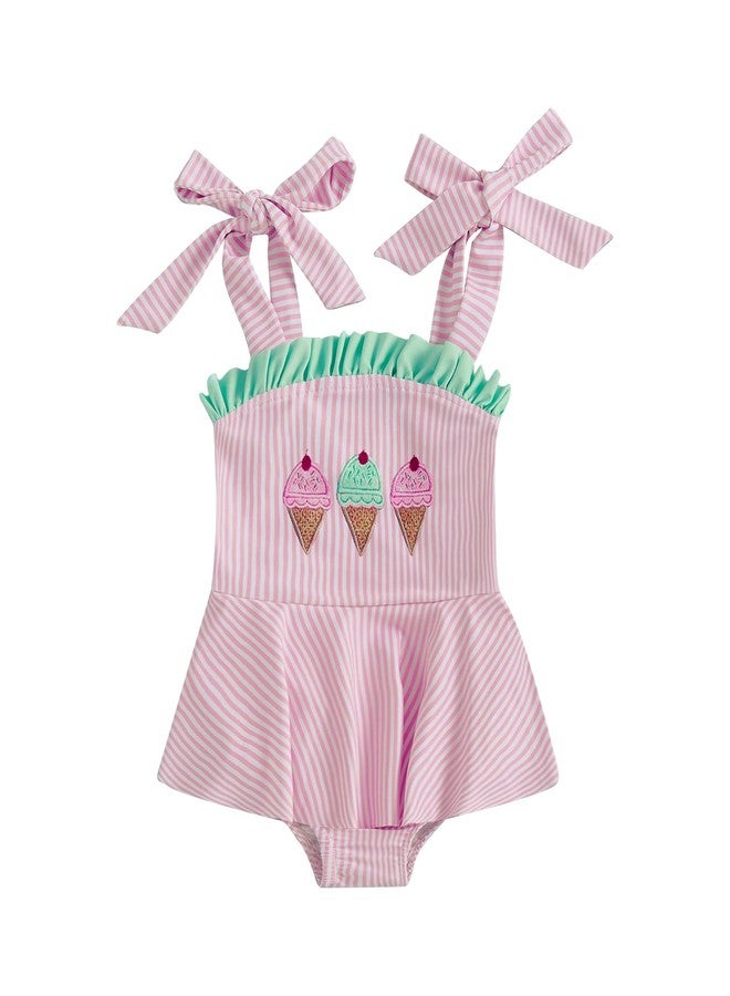 Douhoow Baby Girl Swimsuits Ice Cream Embroidery Stripes Baby Girl Bathing Suit Trim Tie Infant Girl Swimwear (Pink, 6-12 Months) - Image 1