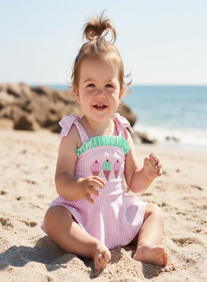 Douhoow Baby Girl Swimsuits Ice Cream Embroidery Stripes Baby Girl Bathing Suit Trim Tie Infant Girl Swimwear (Pink, 6-12 Months) - Image 2