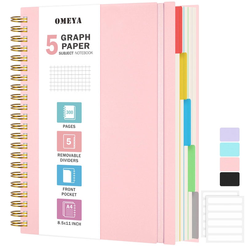 OMEYA Graph Paper Notebook 8.5" X 11": 5 Subject Graphing Notebook with Removable Dividers, 300 Pages 100gsm Thick Spiral Grid Notebooks, 5x5 Graph Ruled Paper, Large A4 Math Journal for School Engineering - Image 1