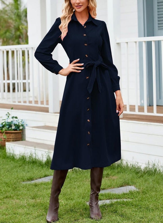 YEXPINE Women's Corduroy Maxi Dress Long Sleeve Cord Button Down Shirt Flowy Long Dress with Belt Navy - Image 5