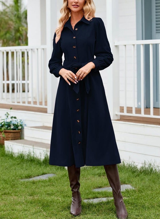 YEXPINE Women's Corduroy Maxi Dress Long Sleeve Cord Button Down Shirt Flowy Long Dress with Belt Navy - Image 3