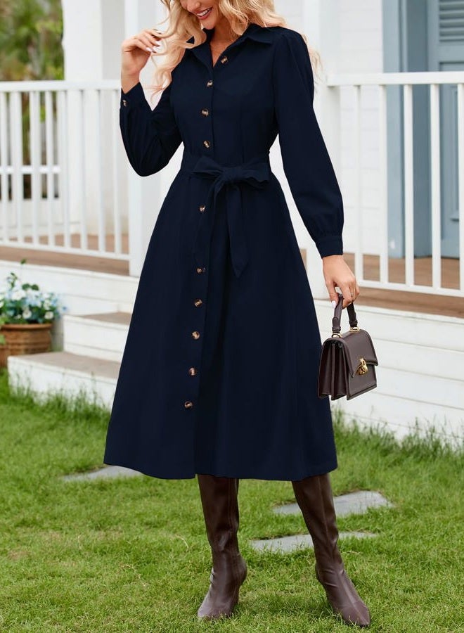 YEXPINE Women's Corduroy Maxi Dress Long Sleeve Cord Button Down Shirt Flowy Long Dress with Belt Navy - Image 2