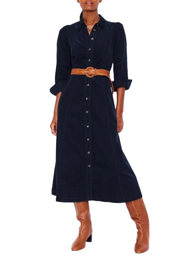 YEXPINE Women's Corduroy Maxi Dress Long Sleeve Cord Button Down Shirt Flowy Long Dress with Belt Navy - Image 1