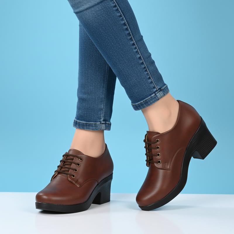 Karaddi Women's Formal Shoes | Lace up for Women Brown | Block Heel Derby Shoes Color Brown Size 7 UK/ind - Image 3