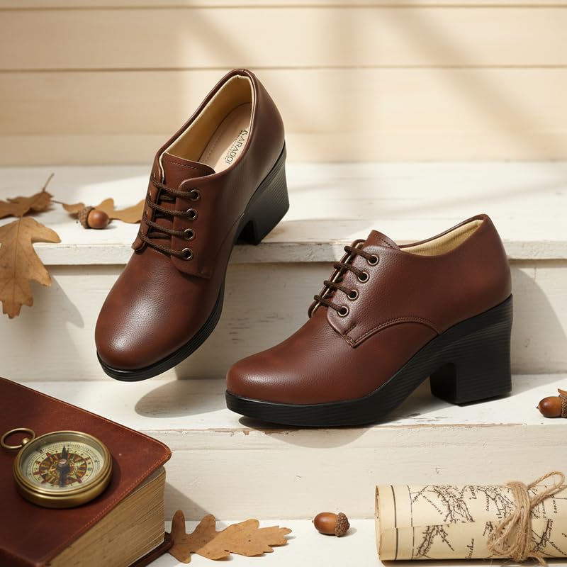 Karaddi Women's Formal Shoes | Lace up for Women Brown | Block Heel Derby Shoes Color Brown Size 7 UK/ind - Image 4
