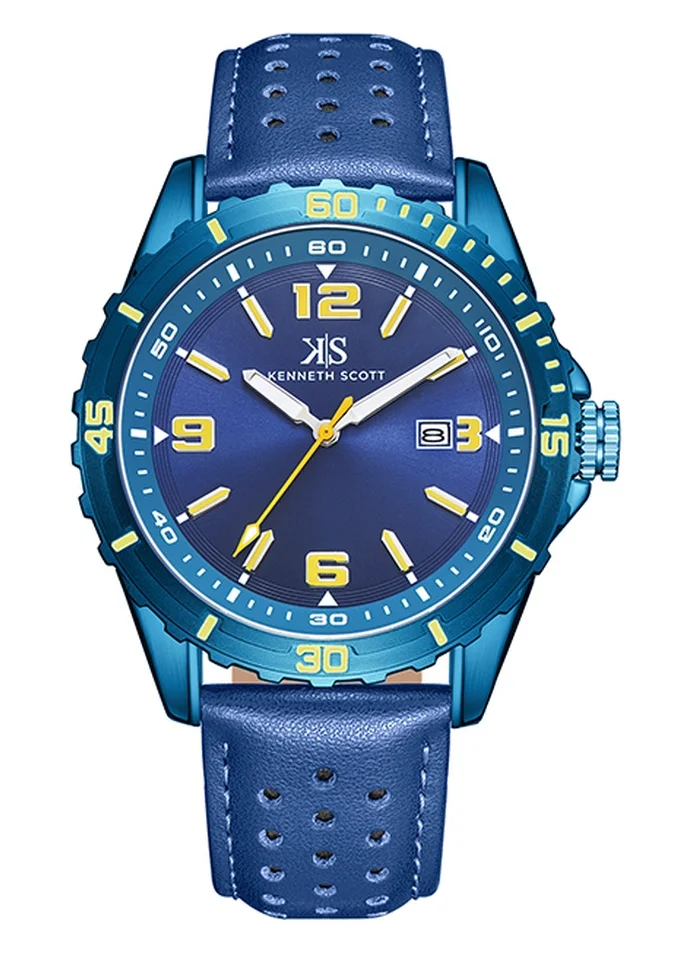 KENNETH SCOTT Kenneth Scott K24022-NLNNY Men's Analog Display Watch & Leather  Strap Blue