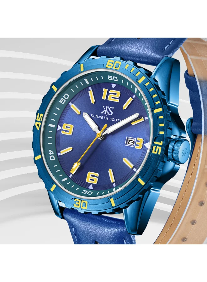 KENNETH SCOTT Kenneth Scott K24022-NLNNY Men's Analog Display Watch & Leather  Strap Blue