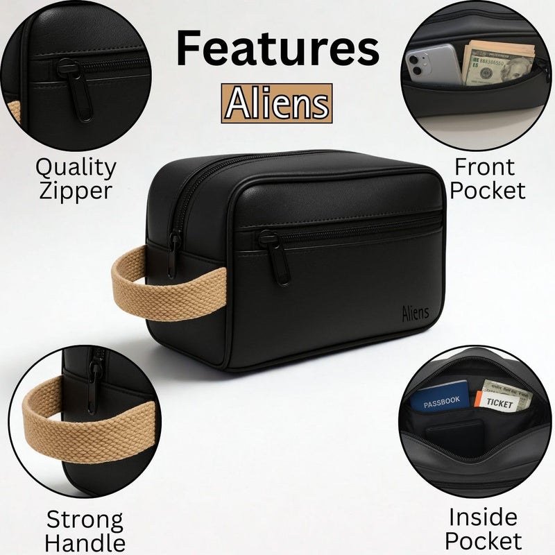 Aliens Multipurpose Travel Organizer Leather Pouch for Men and Women, Hanging Dopp Kit, Water-Repellent Bag for Toiletry, Shaving Kit, Cosmetics & Makeup, Jewellery, Gadget,Computer Accessories-Black - Image 2