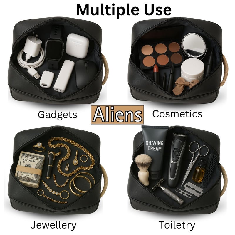 Aliens Multipurpose Travel Organizer Leather Pouch for Men and Women, Hanging Dopp Kit, Water-Repellent Bag for Toiletry, Shaving Kit, Cosmetics & Makeup, Jewellery, Gadget,Computer Accessories-Black - Image 3