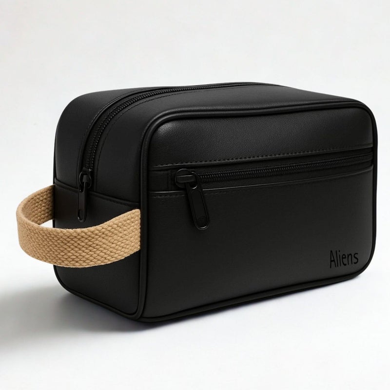 Aliens Multipurpose Travel Organizer Leather Pouch for Men and Women, Hanging Dopp Kit, Water-Repellent Bag for Toiletry, Shaving Kit, Cosmetics & Makeup, Jewellery, Gadget,Computer Accessories-Black - Image 1