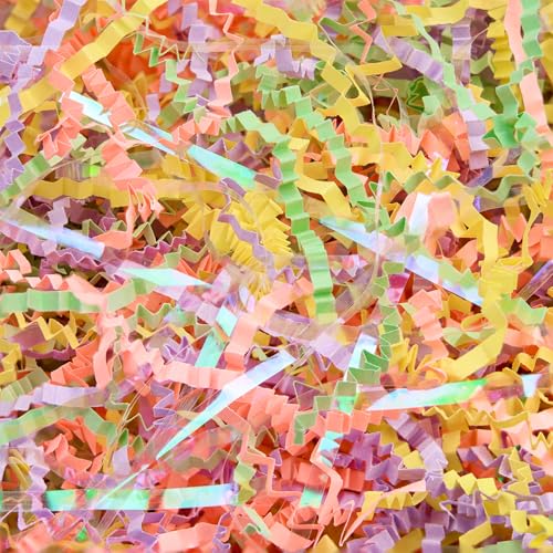 PAPER FAIR Iridescent Easter Grass Crinkle Cut Paper, 5OZ Green Yellow Purple Blush Paper Shred Filler Mix Strand Raffia Tissue Craft Bedding Cushion, Party Birthday Gift Box Basket Retail