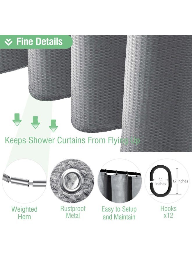 Dynamene Grey Fabric Shower Curtain for Bathroom - Waffle Weave Textured Heavy Duty , 256GSM Hotel Luxury Weighted Cloth Bath Curtain Set with 12 Plastic Hooks,72x72, Grey/Gray - Image 5