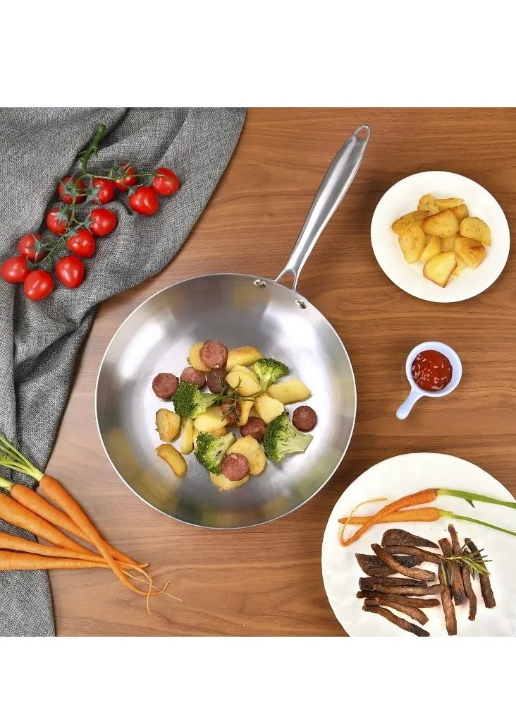 Stainless steel frying pan with long handle available in sizes 30cm/25cm/22cm