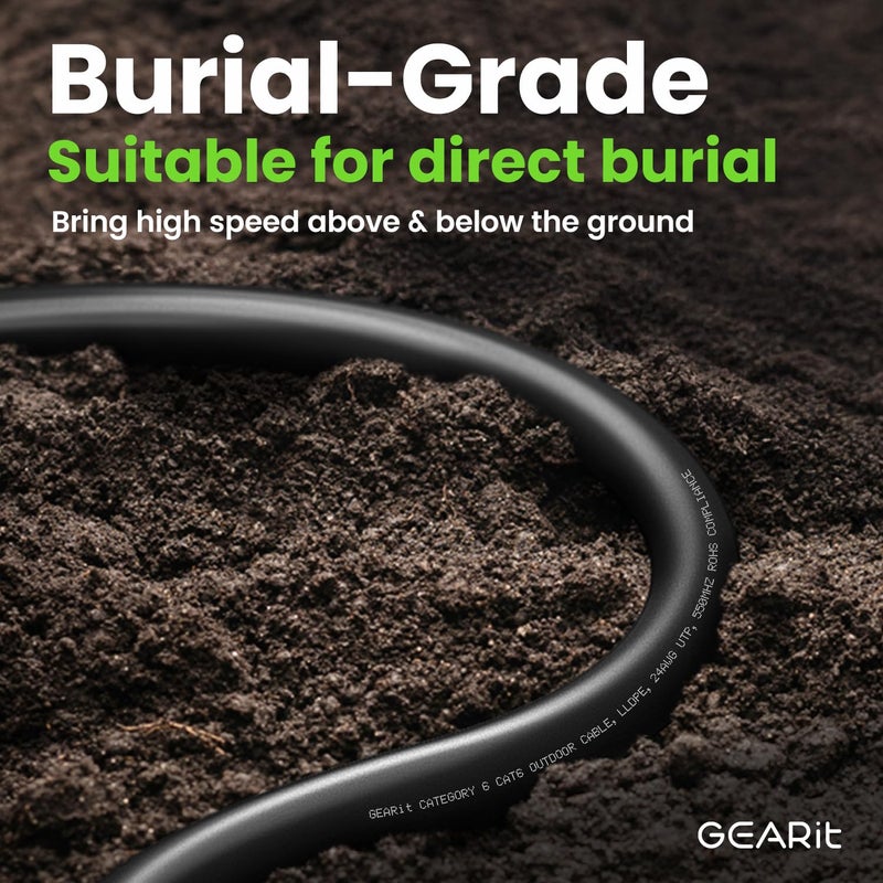 GearIT RJ45 Cat-6 Ethernet Patch Cable, 10Gpbs Transfer Speed, Gold-Plated Connectors, Copper Clad, Outdoor, UV Resistant, Direct Burial, Waterproof, Durable, 200 Foot (60.9 Meters), Black - Image 3