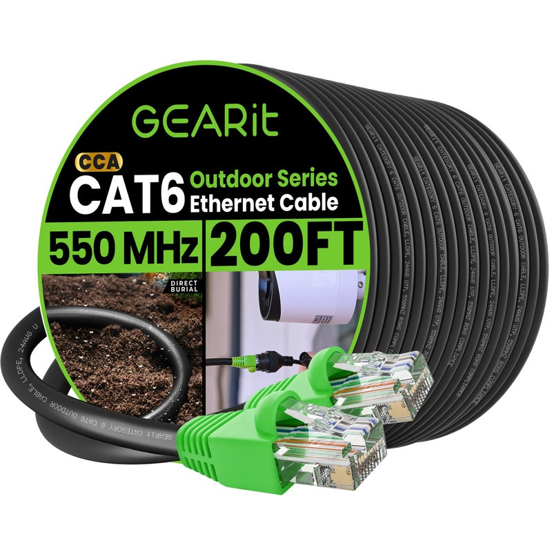 GearIT RJ45 Cat-6 Ethernet Patch Cable, 10Gpbs Transfer Speed, Gold-Plated Connectors, Copper Clad, Outdoor, UV Resistant, Direct Burial, Waterproof, Durable, 200 Foot (60.9 Meters), Black - Image 1