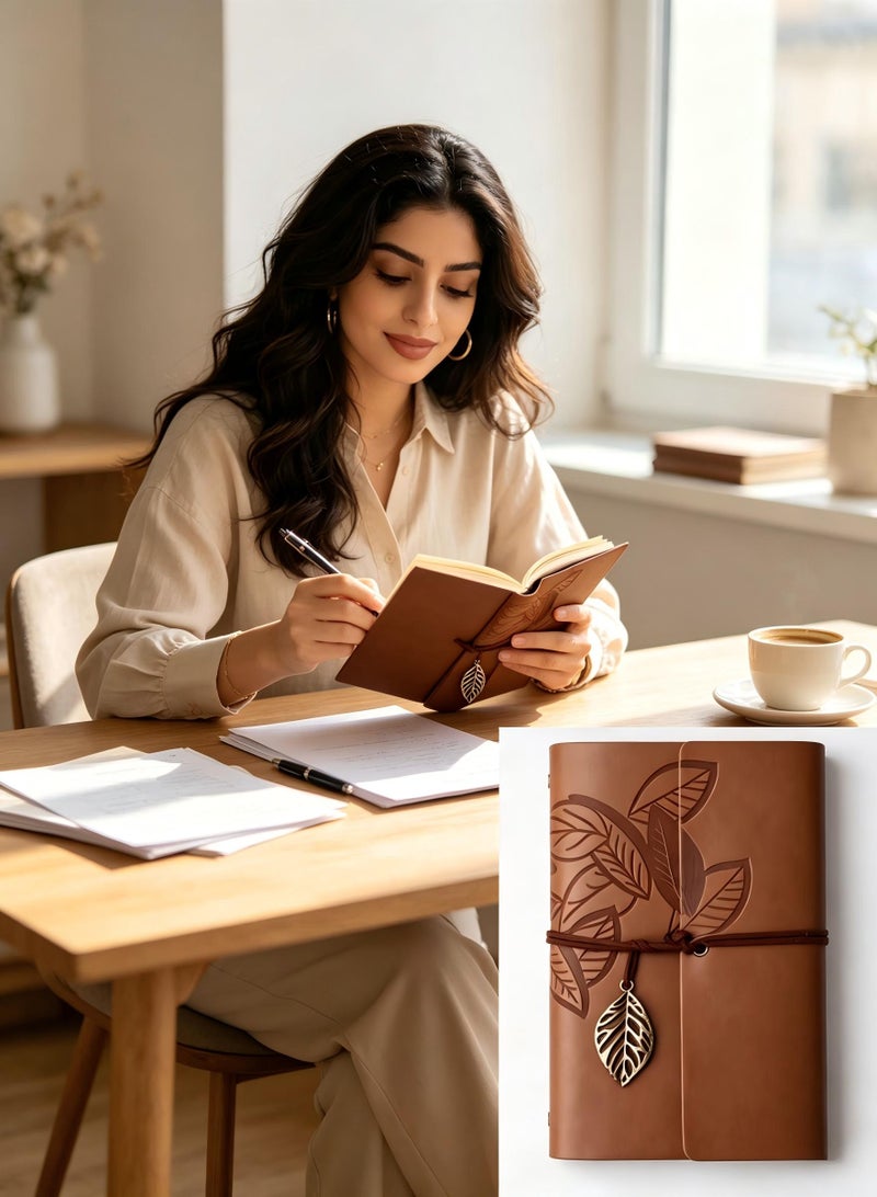 دفتر ملاحظات جلدي عتيق، دفتر يوميات للكتابة بتصميم كلاسيكي، غلاف من جلد البولي يوريثان، دفتر ملاحظات يومي بنمط أوراق الشجر، دفتر رسم فني، قلادات كلاسيكية، منقوش كلاسيكياً، أوراق منفصلة (بني) - Image 1