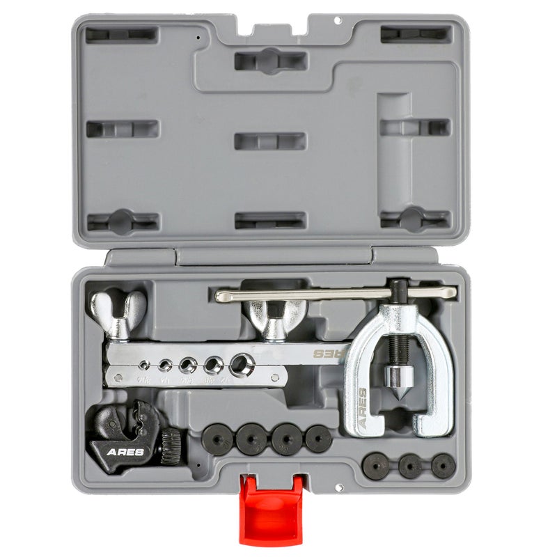 ARES 18019  Double Flaring Tool Set with Extra Adapters Use on Copper Aluminum Soft Steel Brake Line and Brass Tubing  Includes Mini Tubing Cutter and Storage Case