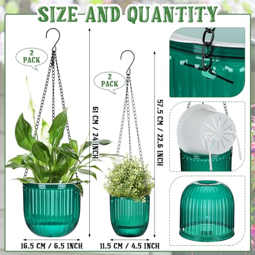 Maxcheck 4 Pcs Self Watering Hanging Planters Indoor Gift 6.5'' 4.5'' Hanging Flower Pots Baskets Outdoor Self Watering Plant with 3hooks Drainage Holes for Home(Emerald) - Image 2