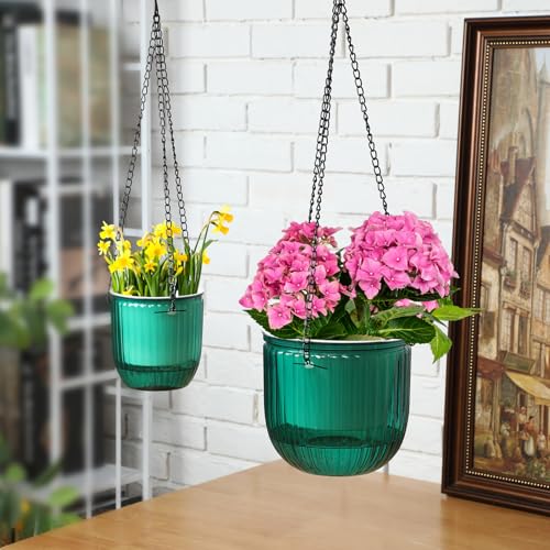 Maxcheck 4 Pcs Self Watering Hanging Planters Indoor Gift 6.5'' 4.5'' Hanging Flower Pots Baskets Outdoor Self Watering Plant with 3hooks Drainage Holes for Home(Emerald) - Image 4