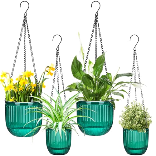 Maxcheck 4 Pcs Self Watering Hanging Planters Indoor Gift 6.5'' 4.5'' Hanging Flower Pots Baskets Outdoor Self Watering Plant with 3hooks Drainage Holes for Home(Emerald) - Image 1