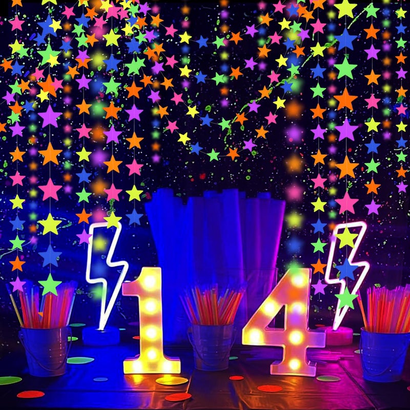 WELITTCON 120feet UV Star Paper Neon Garland Neon Streamers Black Light Neon Decorations for Dark Glow Party UV Reactive Neon Party Favors Glow in The Dark Party Supplies for Party Wedding Birthday Banners - Image 3