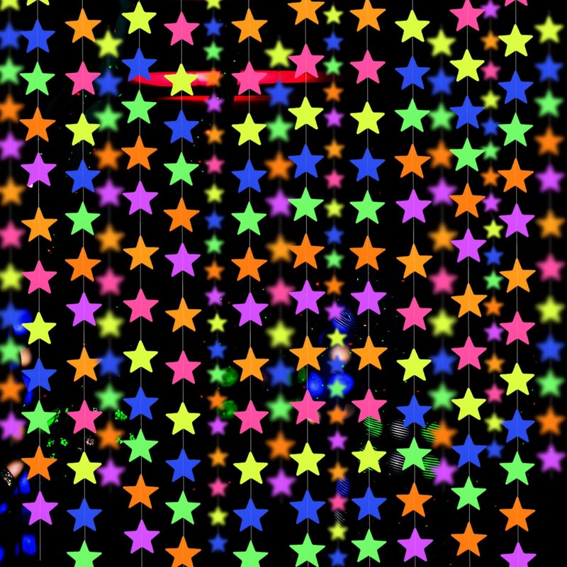 WELITTCON 120feet UV Star Paper Neon Garland Neon Streamers Black Light Neon Decorations for Dark Glow Party UV Reactive Neon Party Favors Glow in The Dark Party Supplies for Party Wedding Birthday Banners - Image 1