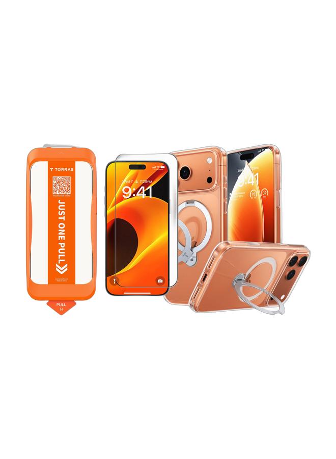 TORRAS تركيب ماستر سلسلة واقي شاشة آيفون 17 برو ماكس الشفاف – زجاج فضائي 9H+، تغطية كاملة، خالي من الفقاعات - شفاف وحافظة أوستان سبين سلسلة آيفون 17 برو ماكس الشفافة – قاعدة قابلة للدوران 360°، ماغسيف، درجة عسكرية - شفاف مجموعة - Image 1