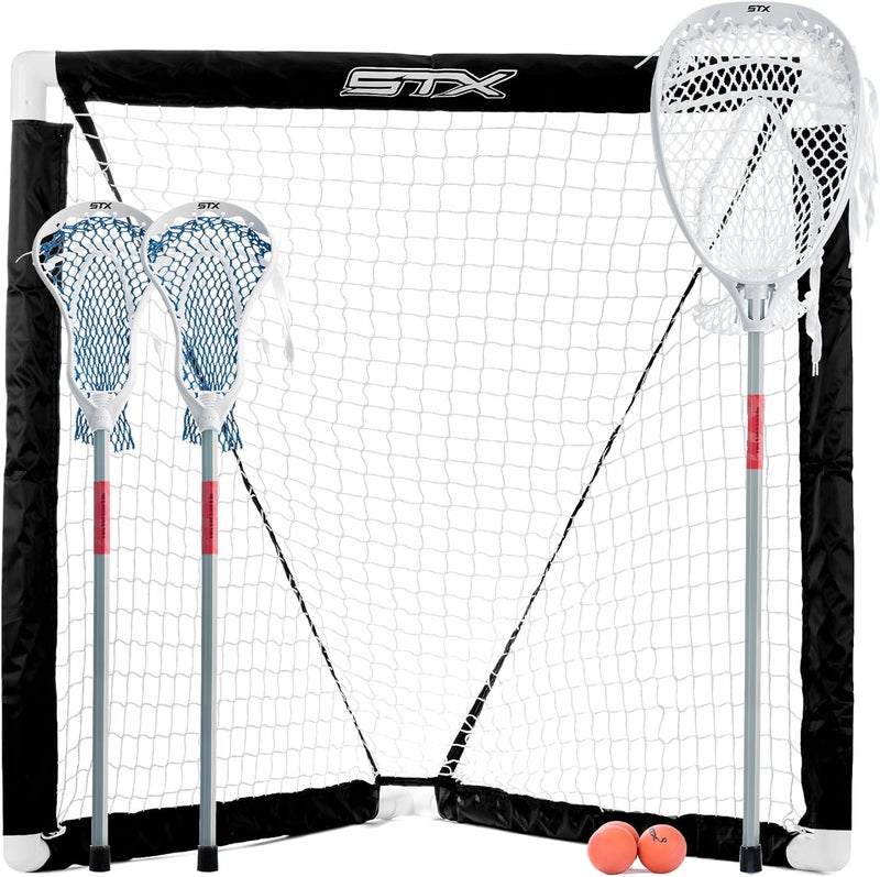 STX FiddleSTX Three Player Game Set with Two Field Player Sticks, One Goalie Stick, Mini Goal, and Balls - White/Grey - Image 1