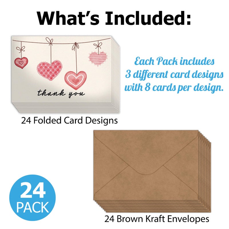 Pro Supply Global (24 Count of 4x6 Pre-Folded Valentine's Day Hearts Thank You Cards With Blank Inside To Leave a Note and Envelopes - Assortment of Greeting Cards Come In 3 Designs - Image 5