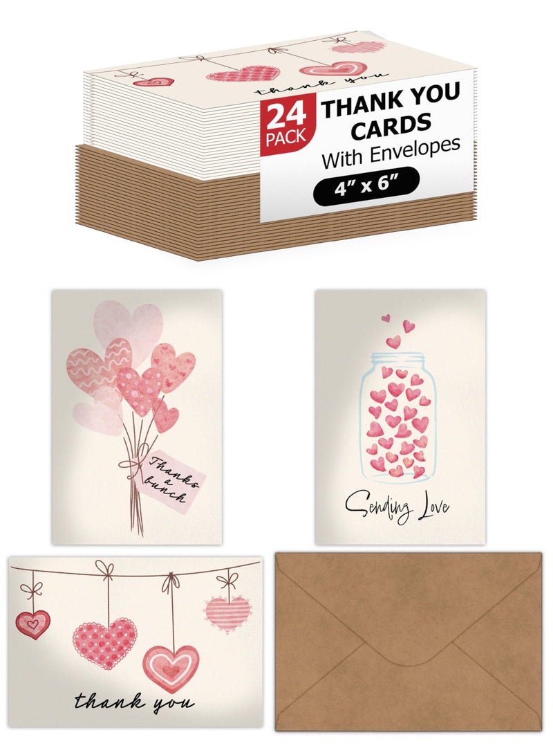Pro Supply Global (24 Count of 4x6 Pre-Folded Valentine's Day Hearts Thank You Cards With Blank Inside To Leave a Note and Envelopes - Assortment of Greeting Cards Come In 3 Designs - Image 1
