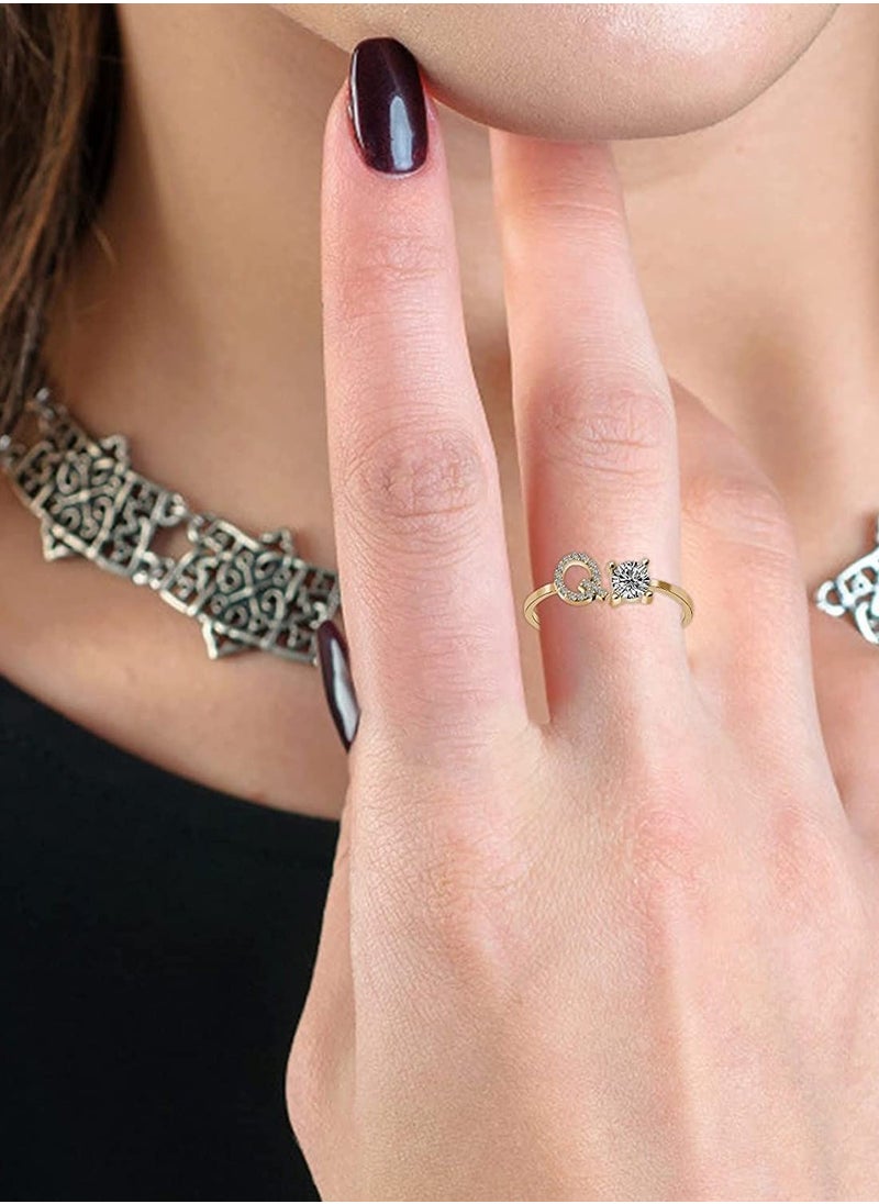 Arabest - 26 Letters Rhinestone Studded Zirconia  Rings for Women (Q, Open Adjustable) - Image 1