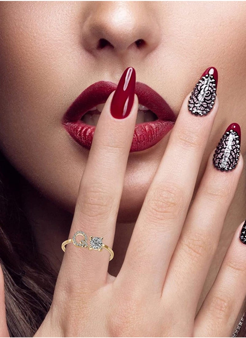 Arabest - 26 Letters Rhinestone Studded Zirconia  Rings for Women (Q, Open Adjustable) - Image 1