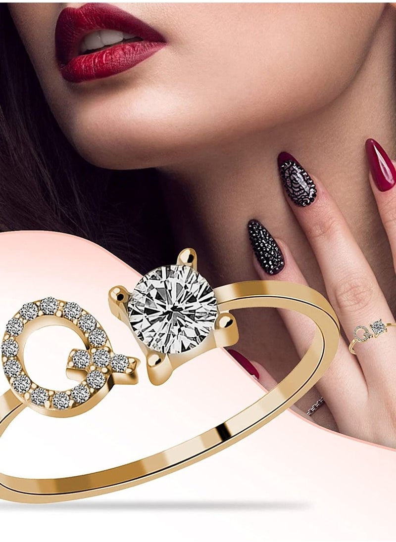 Arabest - 26 Letters Rhinestone Studded Zirconia  Rings for Women (Q, Open Adjustable) - Image 1
