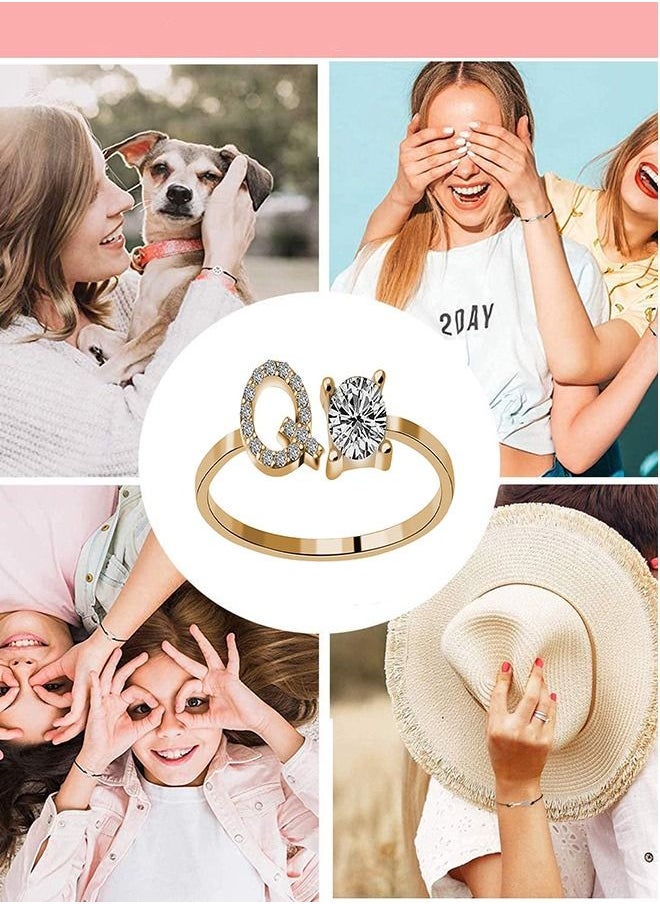 Arabest - 26 Letters Rhinestone Studded Zirconia  Rings for Women (Q, Open Adjustable) - Image 1