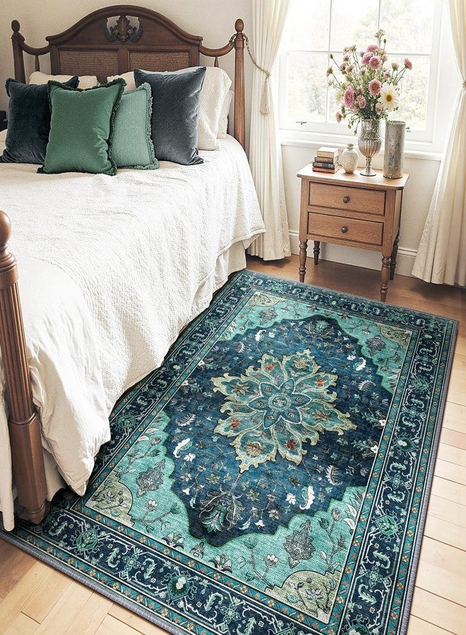 RELEANY Area Rugs 5'x7' Washable Non-Slip, Floral Vintage Distress Print Pattern Medallion Carpet for Living Room Bedroom Dining Room, Teal Green Lake Blue Turquoise - Image 2