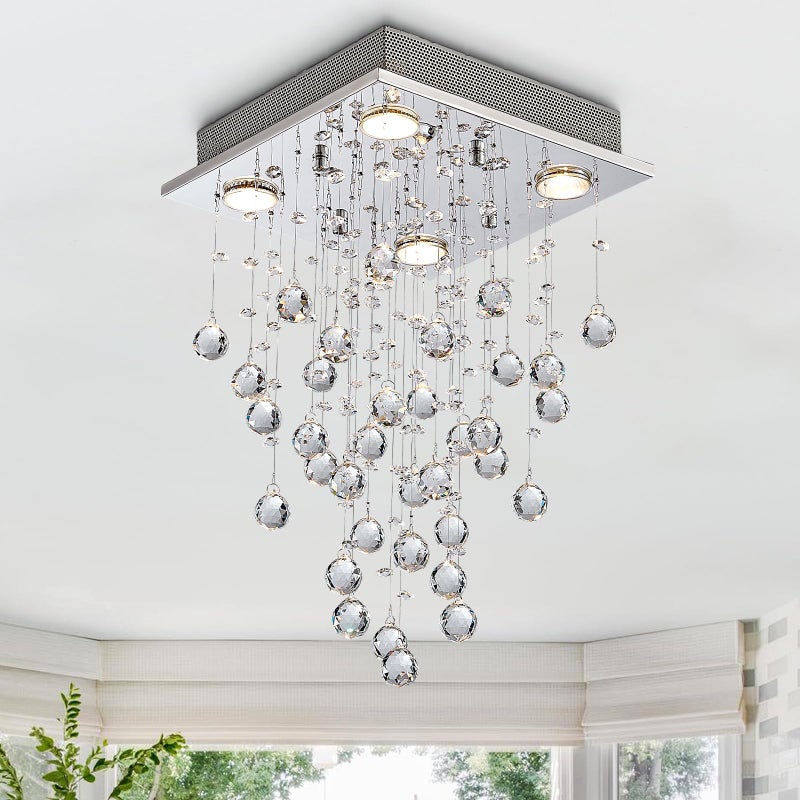 Bestier Chrome Modern Crystal Square Raindrop Chandelier Lighting Flush Mount LED Ceiling Light Fixture Pendant Lamp for Dining Room Bathroom Bedroom Livingroom 4 GU10 Bulbs Required 12 Wide 20 High