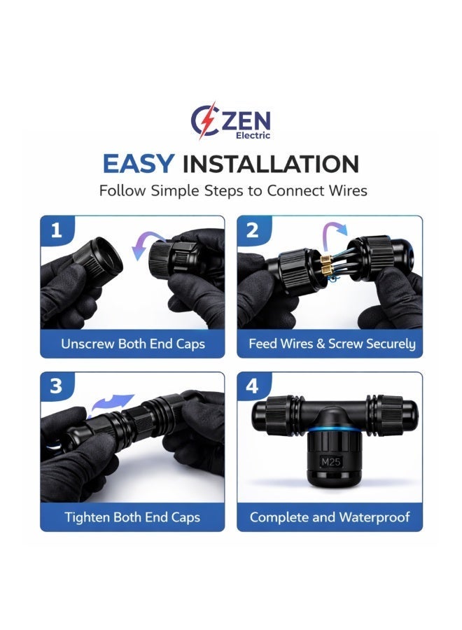 CZEN Electric IP68 Waterproof T-Type Cable Connector M25 (1.5–4 mm²), 3 Core 3 Pole Electrical Junction Connector, Cable OD 8–12 mm, -40°C to +125°C, Outdoor, Underground, Solar, Garden, LED, Street Lighting - Image 5