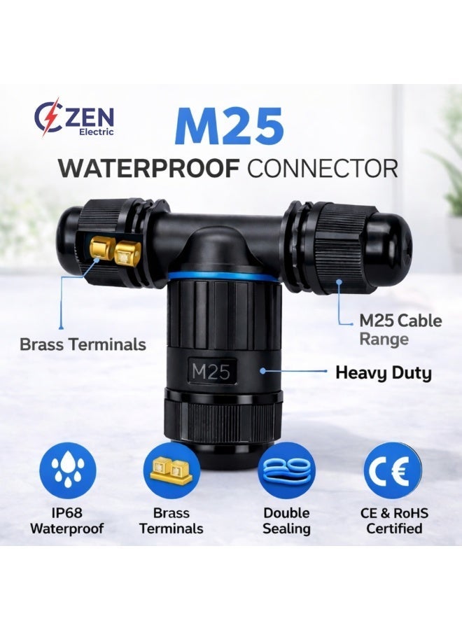 CZEN Electric IP68 Waterproof T-Type Cable Connector M25 (1.5–4 mm²), 3 Core 3 Pole Electrical Junction Connector, Cable OD 8–12 mm, -40°C to +125°C, Outdoor, Underground, Solar, Garden, LED, Street Lighting - Image 2