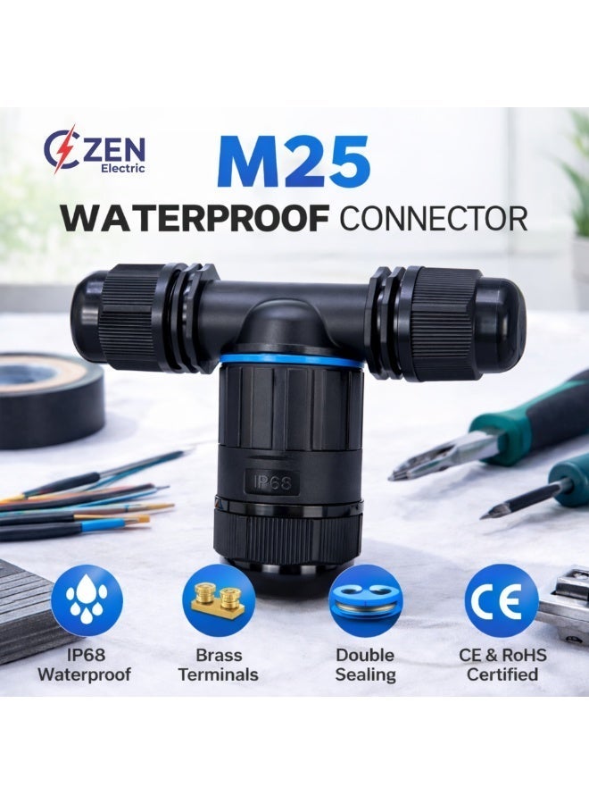 CZEN Electric IP68 Waterproof T-Type Cable Connector M25 (1.5–4 mm²), 3 Core 3 Pole Electrical Junction Connector, Cable OD 8–12 mm, -40°C to +125°C, Outdoor, Underground, Solar, Garden, LED, Street Lighting - Image 3