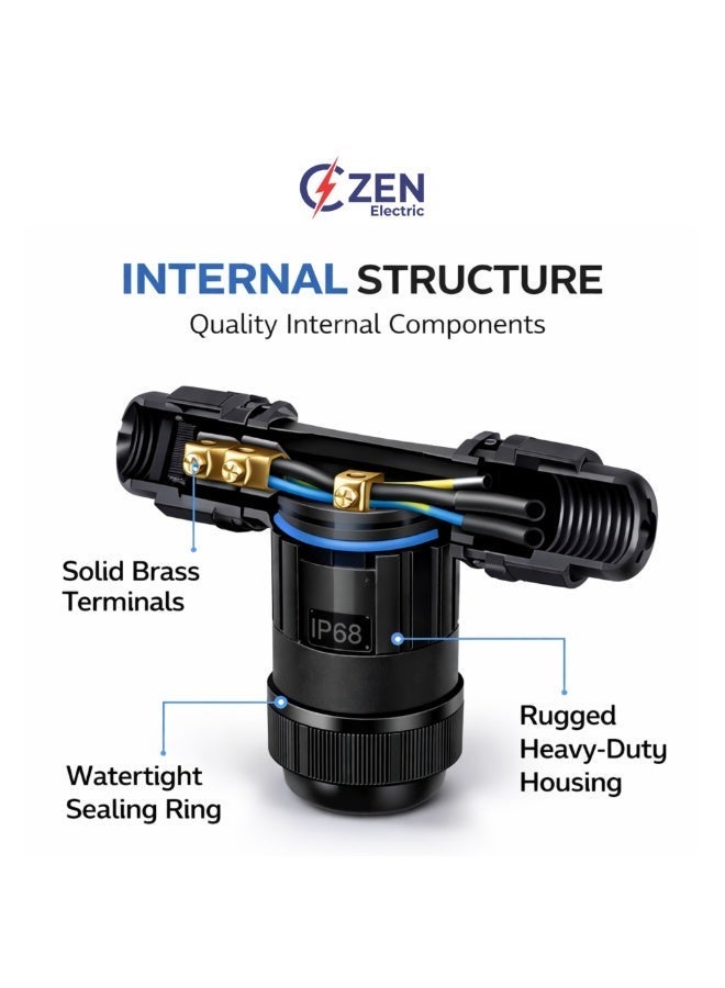 CZEN Electric IP68 Waterproof T-Type Cable Connector M25 (1.5–4 mm²), 3 Core 3 Pole Electrical Junction Connector, Cable OD 8–12 mm, -40°C to +125°C, Outdoor, Underground, Solar, Garden, LED, Street Lighting - Image 4