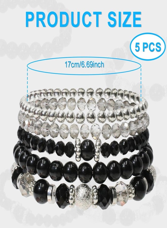 Rimoev 5 Pcs Costume Bracelets, Black Bracelets for Woman, Boho Beaded Bracelets, Stretch Layering Crystal Stone Beaded, Trendy Costume Jewelry Gifts for Women - Image 2
