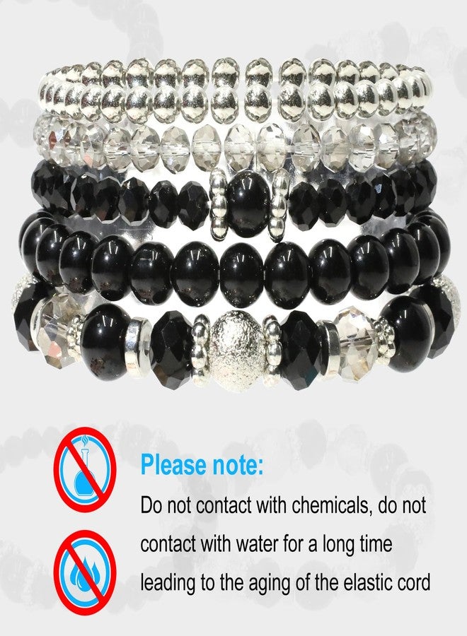 Rimoev 5 Pcs Costume Bracelets, Black Bracelets for Woman, Boho Beaded Bracelets, Stretch Layering Crystal Stone Beaded, Trendy Costume Jewelry Gifts for Women - Image 3