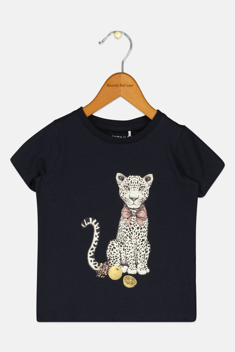 NAME IT تي شيرت قصير الأكمام للبنات الصغيرات، لون كحلي داكن - Image 1