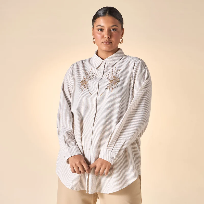 أولا بوبكن Plus Size Ulla Popken Embellished Shirt with Long Sleeves