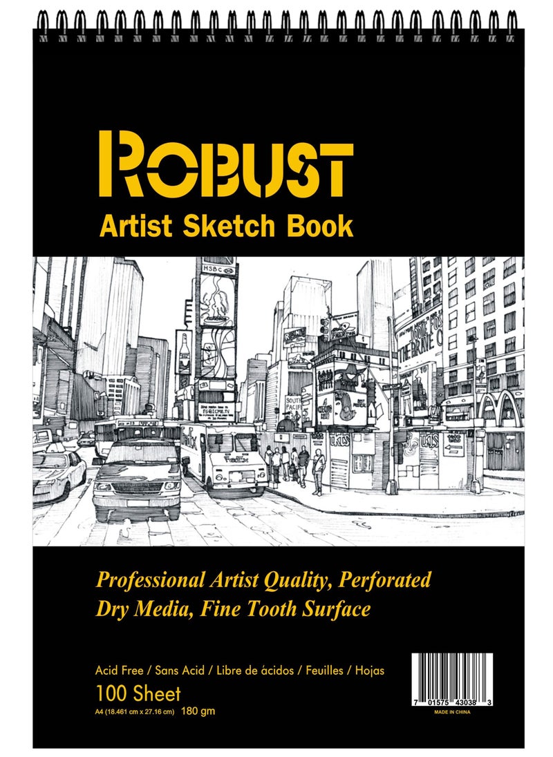 ROBUST - Robust 400 Series A4 (8.5"x11.7") Sketch Book, 100 Sheets Sketch Pad, 180gsm Drawing Notebook, Art Paper For Dry and Wet Media, Drawing Book For Kids, Spiral Bound Artist Sketch Paper, Acid-Free Book - Image 1