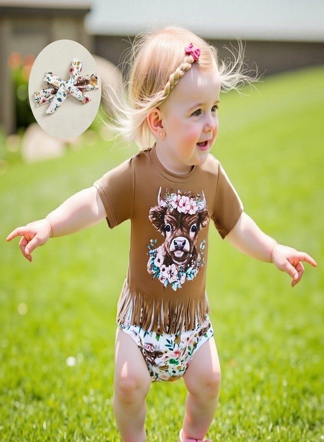 KtwHarnu Infant Toddler Western Baby Girl Outfit Cowgirl Tassel T-Shirt Top Cow Print Bloomer Shorts Set Cute Country Clothes - Image 3