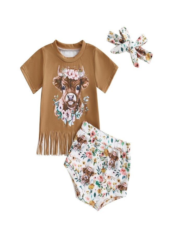 KtwHarnu Infant Toddler Western Baby Girl Outfit Cowgirl Tassel T-Shirt Top Cow Print Bloomer Shorts Set Cute Country Clothes - Image 1