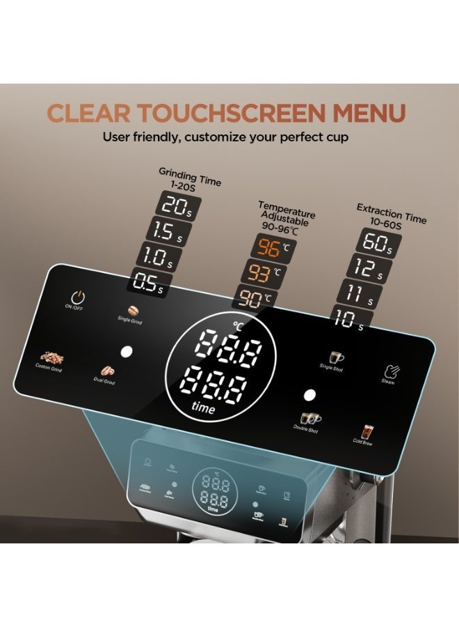CAFELFFE Barista Espresso Machine With Built-In Grinder,Cold Extraction Technology, Touchscreen Coffee Machine with Coffee Volume & Grinding Time and Temperature Programmable 1.8L 1500W - Image 4